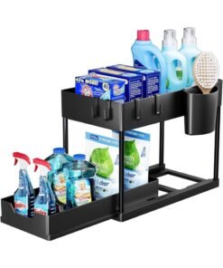Streamflow Under Sink Organizer, 2-Tier Bathroom Cabinet Organizer with Sliding Basket – Multi-Purpose Under Sink Storage for Bathroom & Kitchen, Black, Pack of 1