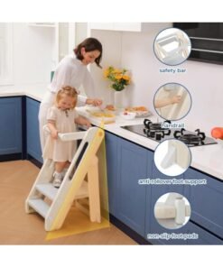 Alternative view of WALALLA Foldable Children's Kitchen Step Stool, Adjustable Height Learning Tower, Non-Slip Bedside Standing Tower, Multifunctional Child Ladder for Kitchen Counter Bathroom Sink with Handles, Safty Rail