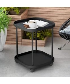 WALALLA Coffee Round Table with Wheels, Plastic Nightstand, Movable Double Layer End Table, with 2 Locking Caster, for Living Room Bedroom Balcony Patio Black
