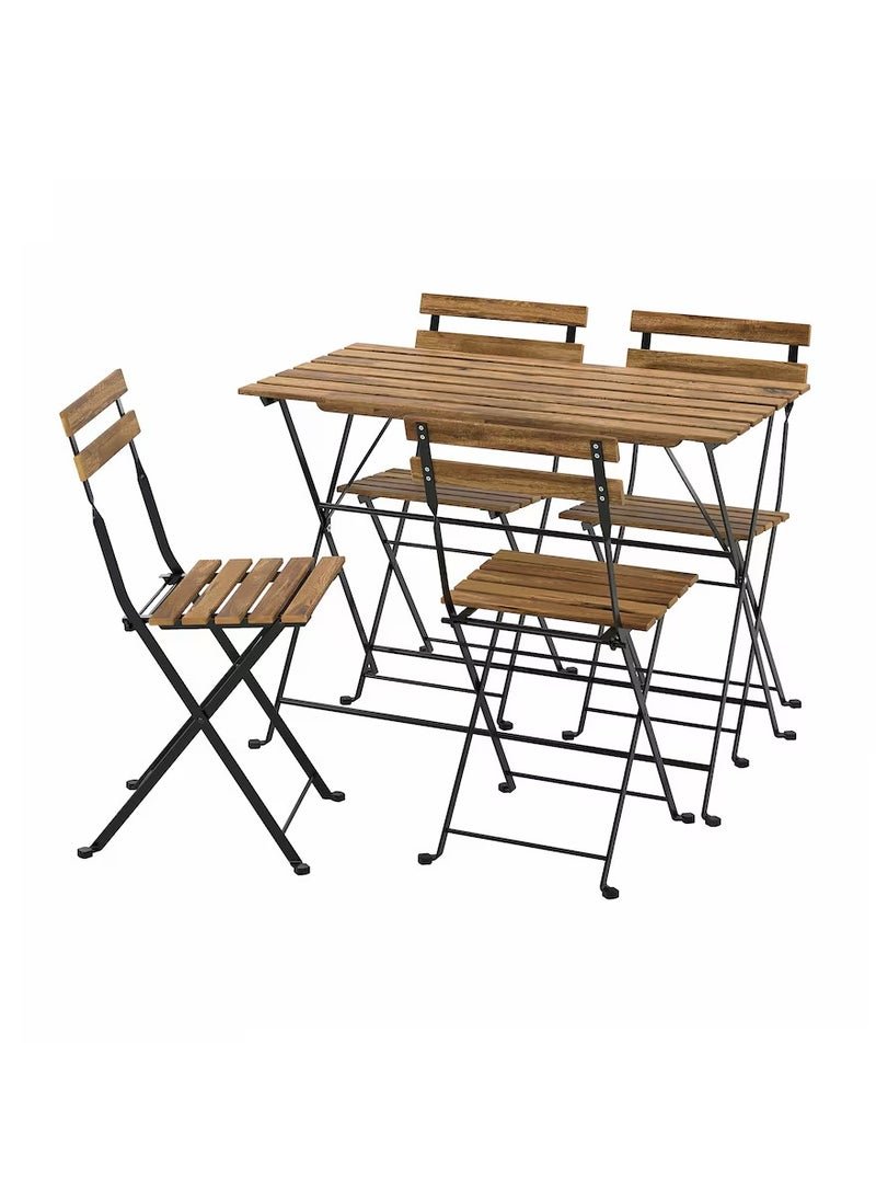 Stylish Wooden and Steel Foladable Table And Chair Set Black/light Brown Stained, Dining Table Chair Set, Included Foldable Table And 4 Foldable Chairs, Used For Outdoor And Indoor