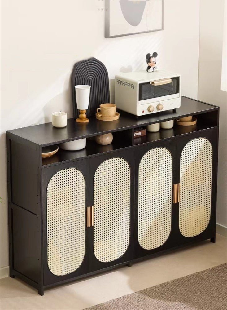 Kutis 1-Piece Home Side Storage Cabinet Storage Rack Organizer With 4 Door For Living Room Bedroom MDF Fiberboard Bamboo Black 126x32x85 cm