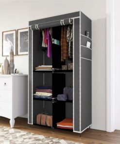 Whitecloud TRANSFORMING HOMES 3+3 Layer Collapsible Wardrobe | Foldable Clothes Almirah with 6 Shelves, 2 Side Pockets & 2 Hangers | Non-Woven Fabric, Metal Rod Frame, Grey (84×42.5×166 cm, 7800-3)