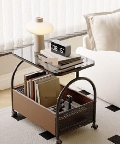 Alternative view of XiuWoo Rolling End Table Side Table with 4 Wheels, Coffee Table for Small Spaces, Bedside Table with Double Shelf Design, Leather Basket, Space-saving, for Living Room Bedroom Balcony Patio and Office,Black+Black Glass