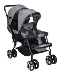 BABY PLUS Lightweight Double Stroller for Twins - Foldable Twin Baby Stroller with Adjustable Canopy, Storage Basket, and Safety Features, GRAY
