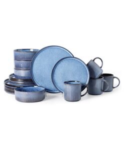 MONITO 16 Piece Stoneware Dinner Set, 4X27Cm Dinner Plates, 4X21.5Cm Salad Plates, 4X16.5Cm Bowls, 4X16Oz Coffee Mugs, Modern Design In Glossy Finish, Microwave & Dishwasher Safe - Blue