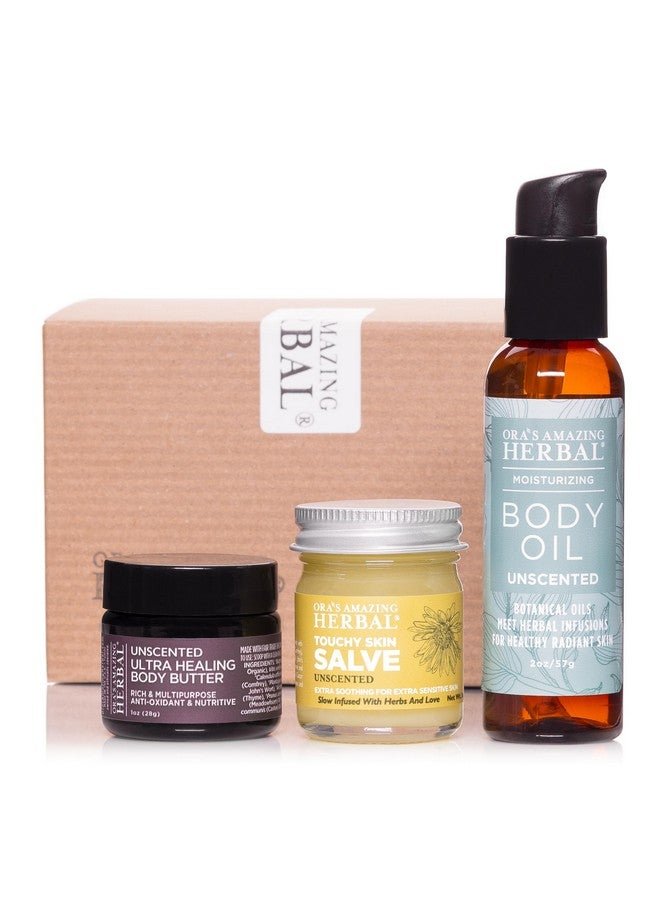 Ora's Amazing Herbal Unscented Moisturizer Travel Set, Touchy Skin Salve, Unscented Body Butter & Body Oil Set, Travel Size, Eczema and Senstivie Skin