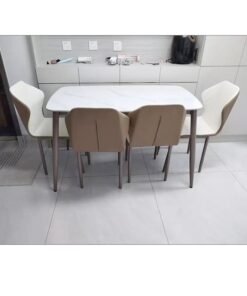 C&C Home Modern Multipurpose Industrial Standard Rectangle Sintered Stone Dining Table and 6 Curved Ergonomic Chair Set for Kitchen Restroom140x80x75 and 43x54x84 cm