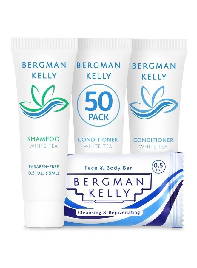 BERGMAN KELLY Rectangular Hotel Soap Bars, Shampoo & Conditioner 3-Piece Set (0.5 oz each, 150 pc, White Tea), Delight Guests w/Revitalizing & Refreshing Mini Travel Toiletries & Bulk Amenities