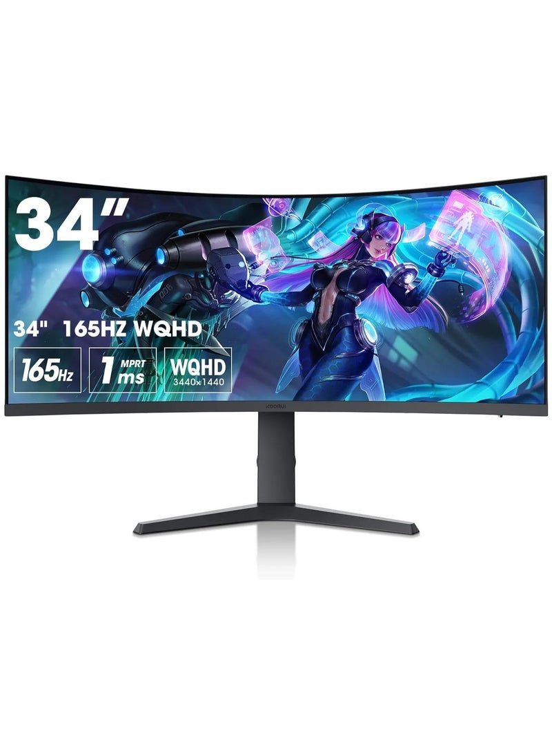 KOORUI 34-Inch Curved Ultrawide Gaming Monitor - WQHD 3440x1440 Resolution, 165 Hz Refresh Rate, 1ms Adaptive Sync with HDMI and Display Ports 34E6UC