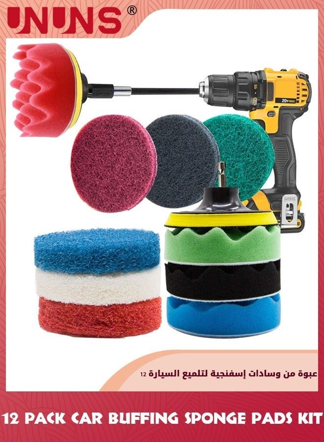 UNUNS 12 Pack Polishing Pad Kit,4 Inch Wool And Sponge Buffing Pads,Hook Loop Backing With Drill Adapter,For Buffer Attachment