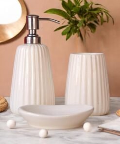 The Transit Story Premium Ceramic Bathroom Accessories Set of 3 | Oval Hand-Painted Luxury Bath Set with 300ml Liquid Soap Dispenser, Toothbrush Holder & Soap Tray | White with Vertical Stripe Pattern