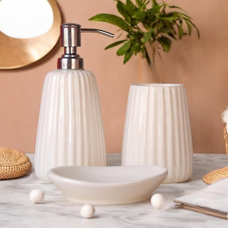 The Transit Story Premium Ceramic Bathroom Accessories Set of 3 | Oval Hand-Painted Luxury Bath Set with 300ml Liquid Soap Dispenser, Toothbrush Holder & Soap Tray | White with Vertical Stripe Pattern