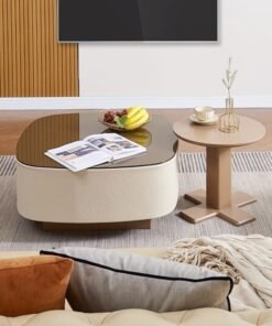fashionhome Set of 2 Multipurpose Use Modern Anti Collison Design Leather Wrapped Nested Coffee Tables Strong Base Tempered Glass Tabletop Side Tables Round Edges Center Table for Living Room Home Office 40x38.5 and 80x80 cm