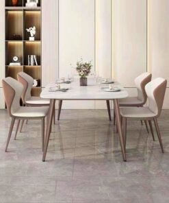 fashionhome Modern Multipurpose Industrial Standard Rectangle Sintered Stone 6 Seater Marble Finish Dining Table Set Sleek White & Beige Design size 140x80x75cm Chair 43x54x84cm