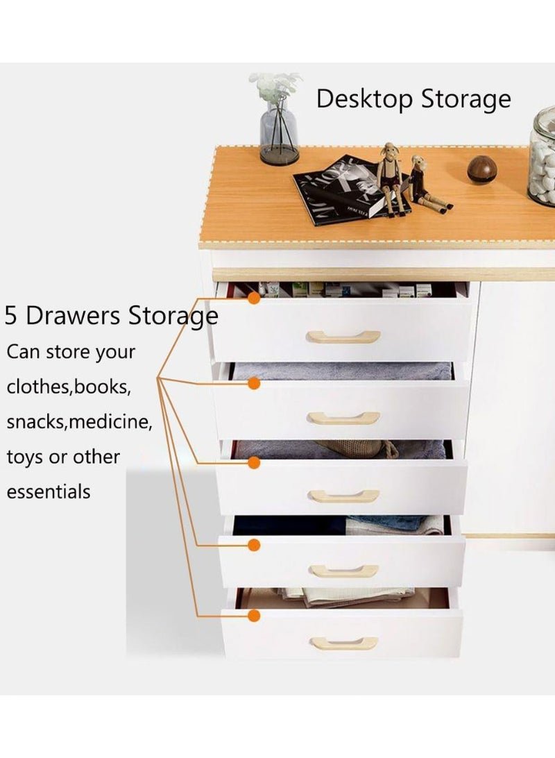 Chest of Drawers, Wooden Storage Cabinet with 5 Drawers and 2 Doors for Household Items and kitchenware, Modern Drawer Storage Cabinet for Living Room Dining Room and Bedroom(White,DG100) - Image 4
