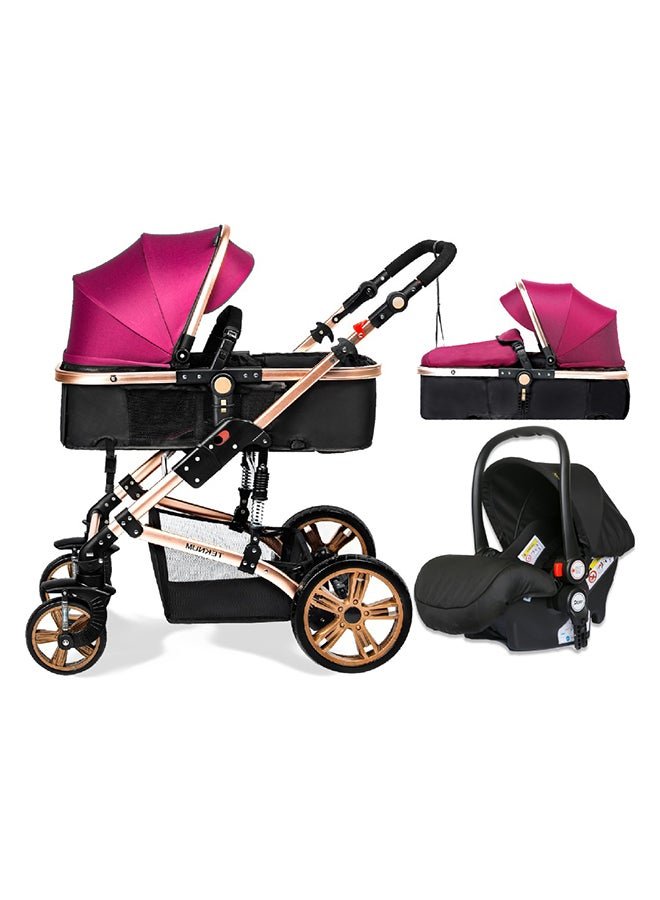 TEKNUM 3 In1 Pram Stroller, Sleeping Bassinet And Extra Wide Seat With Wide Canopy For Baby Wine