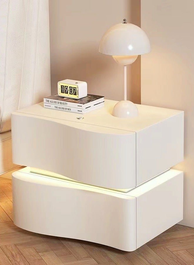 fashionhome Set of 2 Modern High Gloss One Touch Switch Night Light LED Nightstand with 2 Storage Drawers Solid Wood Bedside End Table Furniture 50x40.5x50 cm (Fully Assembled)