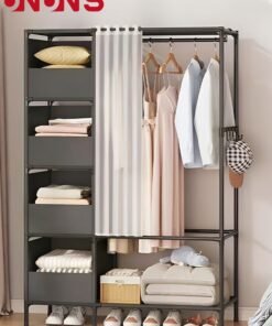 UNUNS Portable Wardrobe Storage Closet,Clothes Storage Cabinet With Curtain,For Living Room,Bedroom,Clothes Room,Black,105x45x170cm