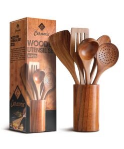 CERAMIC Wooden Kitchen Cooking Utensils 6 PCS Teak Wooden Spoons and Spatula for Cooking Sleek and Non-stick Cookware