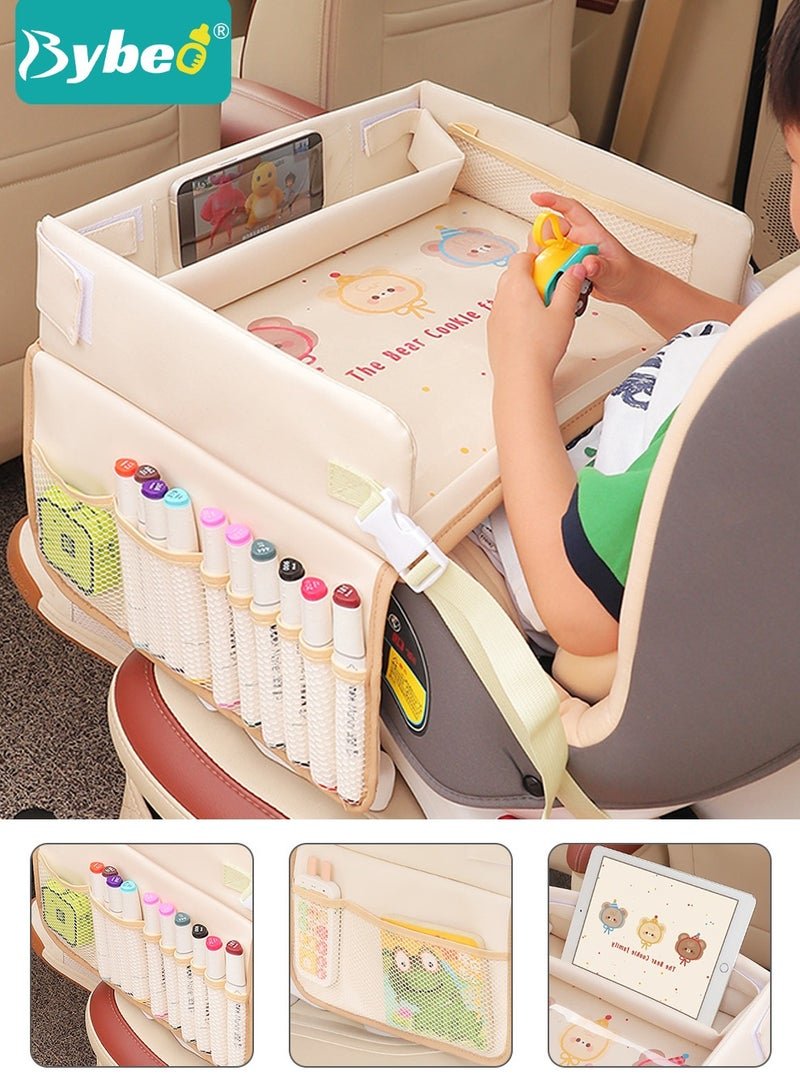 Bybeo Kids Travel Tray for Car, Car Seat Tray, Road Trip Essentials, Carseat Table with Mesh Pockets, Car Desk Organizer, Car Accessories, Foldable and Waterproof
