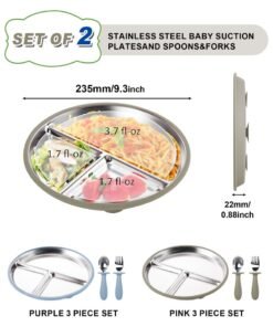 HomarKet 2 Pack Stainless Steel Baby Suction Plates & 2 Pack Spoons and Forks Set, Toddler Utensils Baby Feeding Set, Divided Plates for Baby Led Weaning Supplies, BPA-Free (Blue/Walnut)