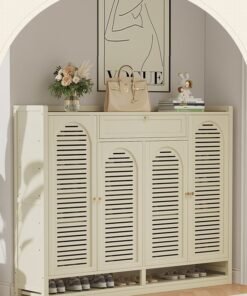 ZCM-HAPPY Shoe Cabinet Milky White Entryway with Four Doors and Eight Layers With Drawer 110*32*117cm