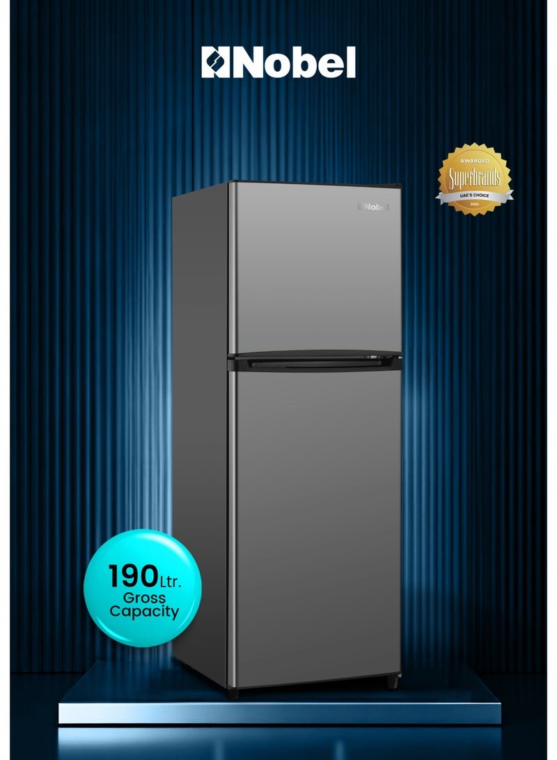 Nobel Double Door Refrigerator 190L Gross / 127L Net Mechanical Temperature Control, R600a Refrigerant, Recessed Handle, Inside Condenser, Dark Silver – NR190S (1 Year Warranty) 120 W NR190S grey