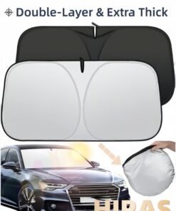 Hiras Foldable Car Sun Shade for Windshield - Universal Reflective Heat Shield Blocks UV & Sun Heat | Storage Pouch | Fits Toyota Land Cruiser, Nissan Patrol etc (145x80cm)