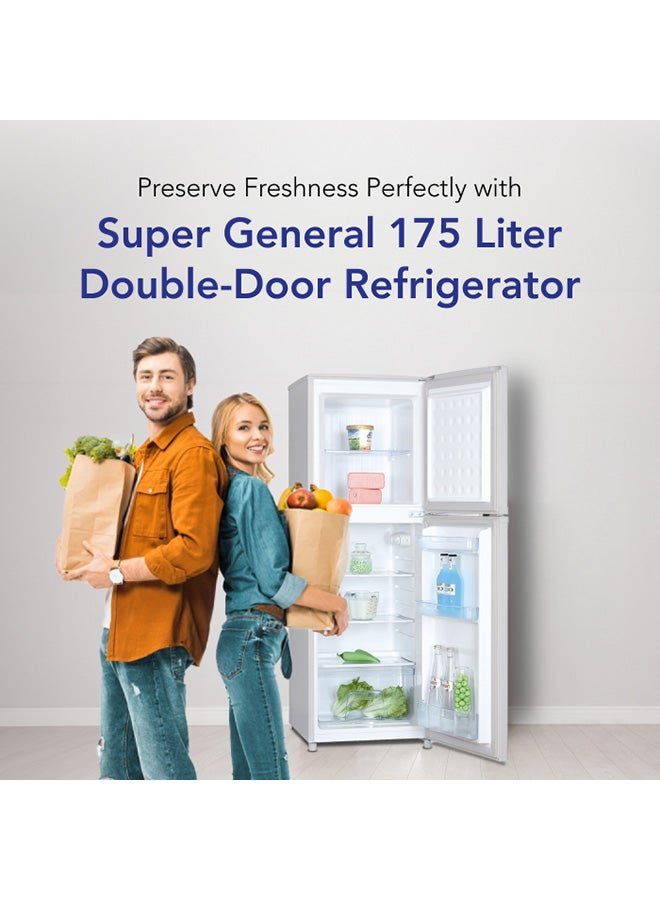 SUPER GENERAL 175 Liters Gross Compact Double Door Refrigerator-Freezer, Reversible Door, Tropical Compressor, 48 X 53 X 115 Cm, 1 Year Warranty 415 W SGR175H White