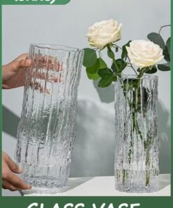 LENND Modern Cylinder Glass Vase - Large Decorative Handmade Glacier Clear Vase with Solid Ice Base for Home, Office, Wedding Decor, Gift, Christmas (30 x 10 cm) ﻿