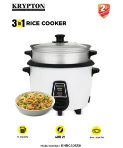 KRYPTON 3-in-1 Electric Rice Cooker – Cook, Warm & Steam Functions, 1.0L Capacity, Non-Stick Pot, Tempered Glass Lid, Easy One-Touch Operation 1 L 400 W KNRC6055H White
