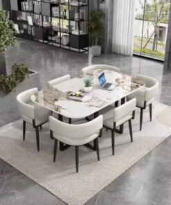 Harmony Home 6-Seater Dining Set – Modern Rectangular Table with White Ceramic Top + 6 Padded Chairs, Space-Saving Design for Homes & Offices