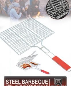 DBLEW Grill Basket with Wooden Handle for BBQ, 40x30x3 cm Stainless Steel Mesh, Heat-Resistant Grip, Lockable Food Holder, Outdoor Charcoal & Gas Grill Cooking Tool