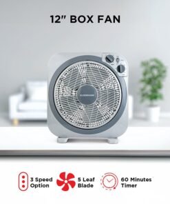 Olsenmark 12 inch Box Fan OMF1723N, 3 Speed Control, 60 minutes timer, Powerful Personal Desk Box Fan With Copper Motor, Table Fan for Office, Home (3 Speed) Fan Guard OMF1723 Grey