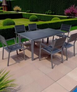 Modern 6 Seater Outdoor Dining Set – Metal Frame with Fibre-Wood Tabletop & Seats