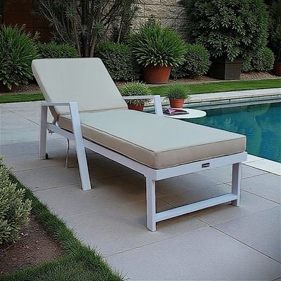 Premium White Aluminium Outdoor Sun Lounger with Adjustable Backrest – Beige Cushions , 2x Sunbeds - Image 5