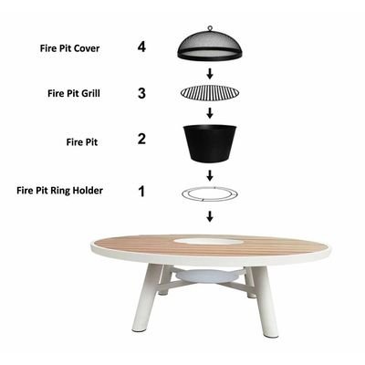Small Round Fire Pit Table Color Natural Teak & White - Aluminium Frame - Image 4