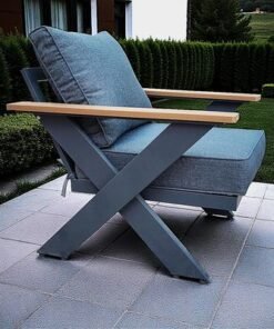 9-Seater Cross Legs Dark Grey Aluminium Garden Sofa with Big Table Wooden Color Arm Rests - Image 5