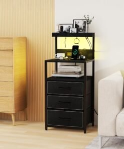 Alternative view of Yanara Night Stand with LED Lights, Bedroom Nightstands with Power Outlet and Type C Port, Bed End Tables with 3 Fabric Drawers, Matching Bedside Tables with Hooks and Shelves, Black