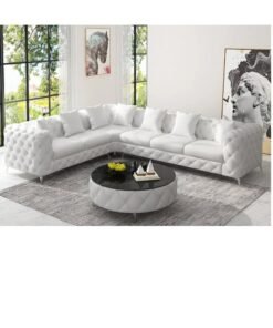 Maharat Al Bahar White Luxury L-Shaped Velvet Chesterfield Sofa - 6-Seater with Golden Legs - Classic Tufted Design for Elegant Living Rooms