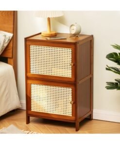 XiuWoo 2-Tier Modern Bamboo Wood Nightstand Table, Bedside Table, End Side Tables, Coffee Tables, Home Storage Rack, Bookcase with Rattan Reticulated Door and Storage Compartment for Home Office