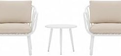 3-Piece Outdoor Bistro Set – Modern White Fiberglass Plastic Frame, 2 Chairs & Coffee Table – Weather-Resistant Balcony & Patio Furniture (Beige Cushions)