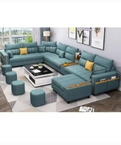Al Zakharef Furniture Zahra Modern U-Shaped Sofa Set, 7 Seater PU Leather Sectional Couch with Chaise Lounge, Corner Living Room Furniture – Green (389×231×86 cm)