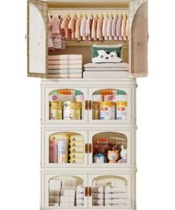 CityRiya-Long Kids Wardrobe Baby Closet Storage Organizer Portable Children Clothes Cabinet Storage Rack Toddler Dresser with Hanging Rod and Wheels for Boys Girls Clothing Nursery Armoire White
