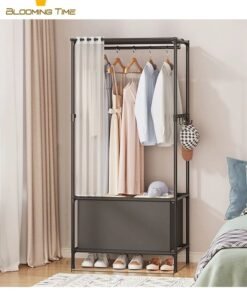 BLOOMING TIME Simple Clothes Wardrobe, Bedroom Hanging Rack, Floor-standing Dustproof Coat Rack, Dormitory Wardrobe Clothes Storage Rack, Floor-standing Simple Combination Wardrobe, Indoor Storage Dustproof Wardrobe, with Door Curtain, Black