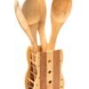 Royalford 5 Piece Utensils Set Bamboo Cooking , Serving Wooden Spoon With Stand Each 30 Cm Long Sandal Yellow 30 x 6 x 0.5cm