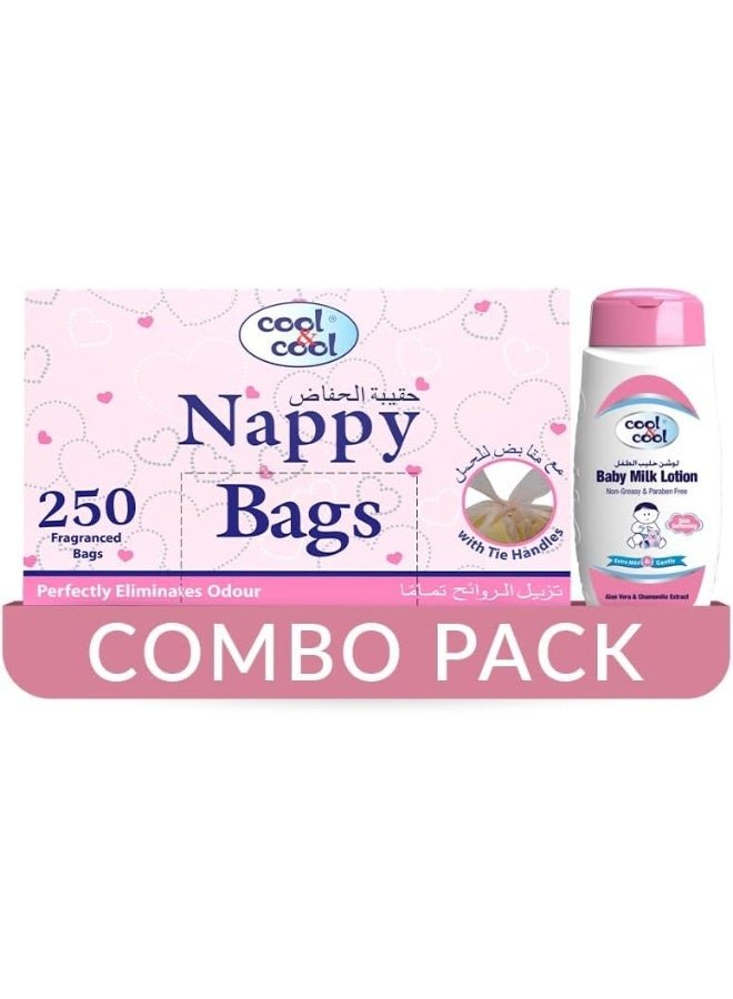 Cool & Cool Nappy Bags 250's- Mildly Scented Diaper Disposable Bags + Baby Milk Lotion -Combo Pack