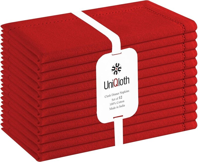 UniQloth Set of 12 Hemstitch Cloth Dinner Napkins Cotton Soft Durable Washable Reusable Ideal for Farmhouse Parties Weddings Holidays Hotel Restaurant Daily Use Table Dinner Napkins 18x18 Red