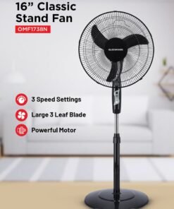 Olsenmark 16-Inch Stand Fan | Pedestal Fan with Adjustable Height Up to 1.25m, 3-Speed Settings & Powerful 45W Motor | 3-Blade Design, 75° Oscillation | High-Speed Cooling for Home, Office & Garage 45 W OMF1738NH Black