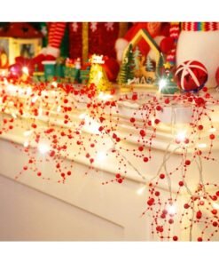 Chielor Christmas Garland with Lights 8.3 FT Festival Lighted Berry Beaded Garland Christmas Decorations for Indoor Home Party Decor (Red)